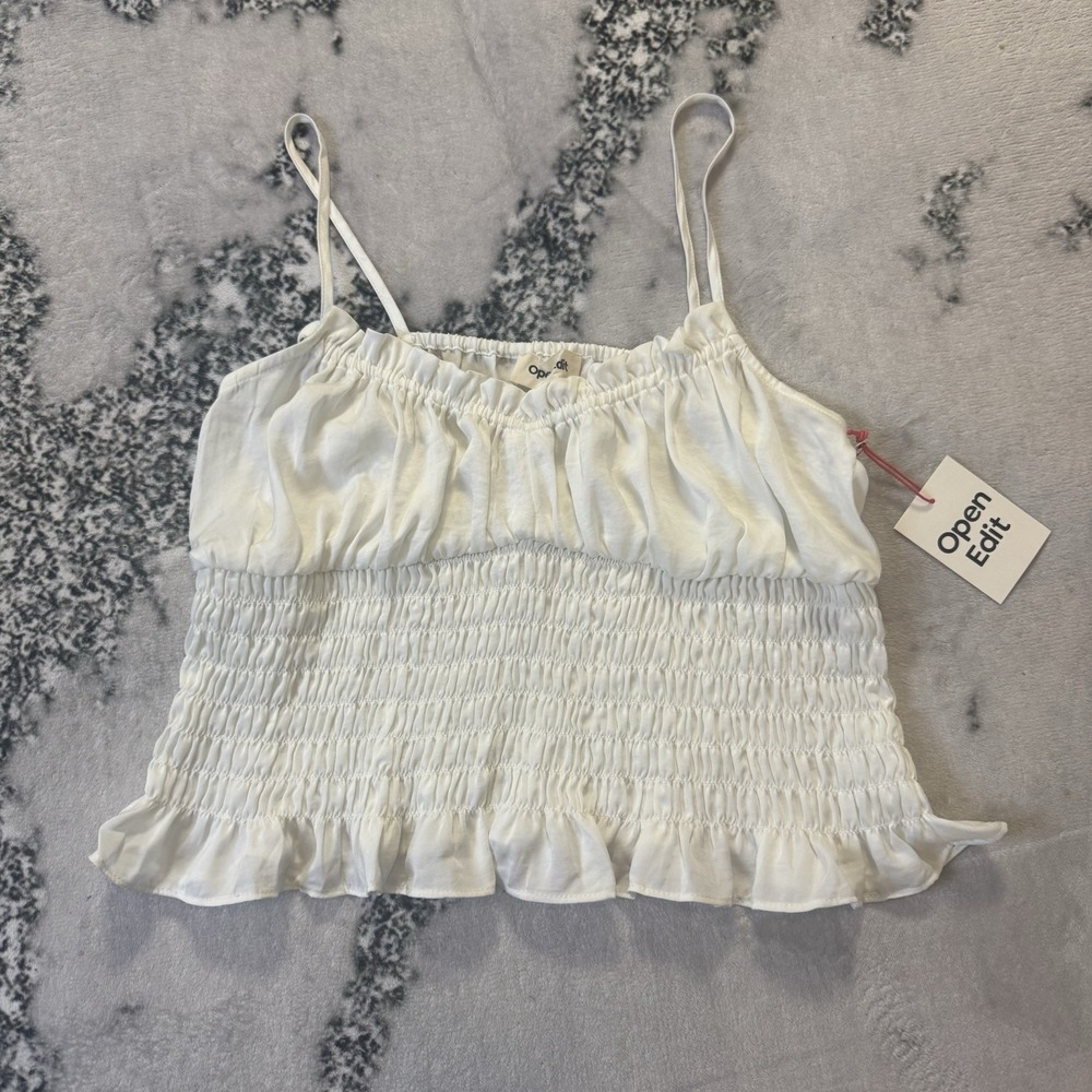 Open Edit‎ Tank Top Womens Size S White Smocked Cropped Ruffle Spaghetti Straps